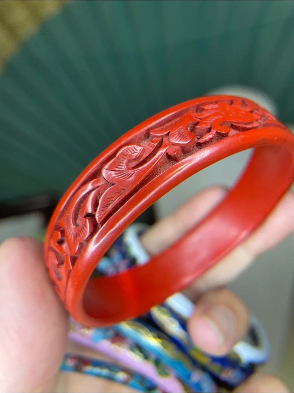 Colorful Cloisonné Stack Bracelet Lot with Cinnabar and Stone Bangle Asian